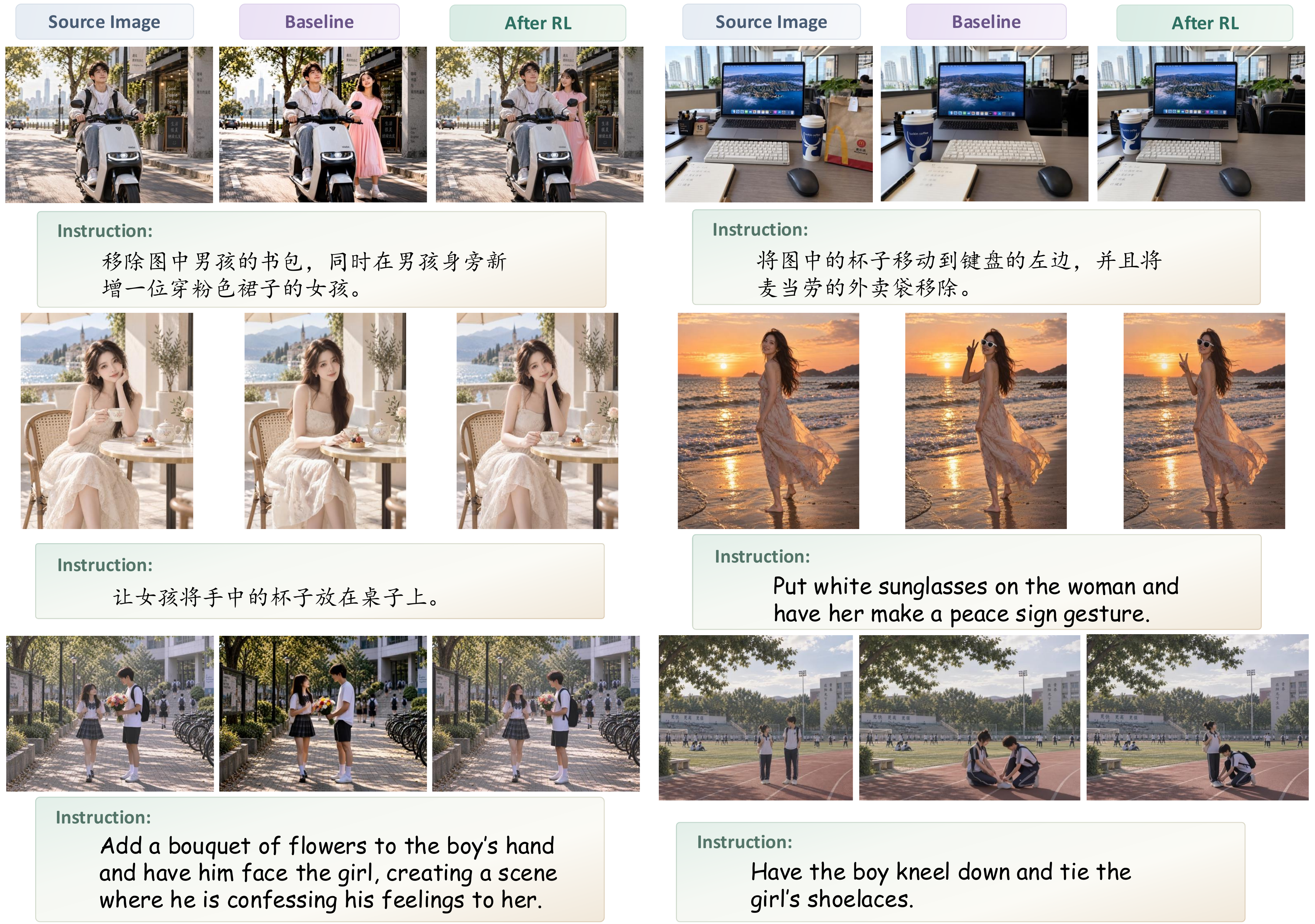 Complete SenseNova-U1.5 qualitative comparison figure, retaining all six examples, source images, baseline edits, optimized edits, and original Chinese and English instructions.